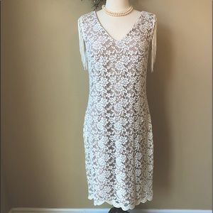 Cream lace dress with beige slip. Beautiful sexy dress with quality fabric.